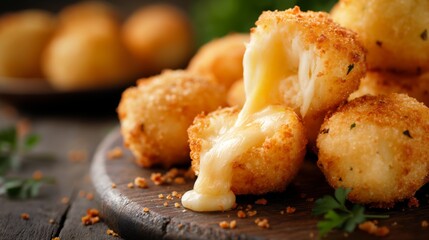 Gooey melted cheese oozing from crispy breaded mozzarella sticks, concept of indulgence and comfort food