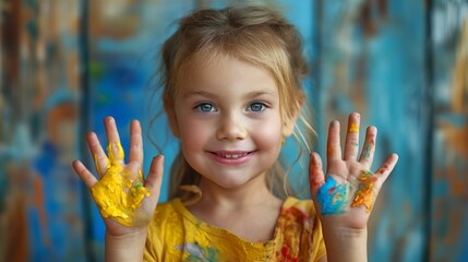 Young girl showing hands covered in colorful paint, Concept of artistic creativity and playful...