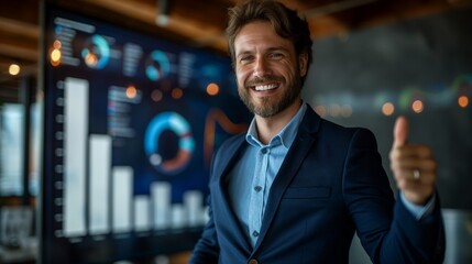 Confident businessman in blue suit giving thumbs up in front of analytics dashboard, concept of success and positive feedback