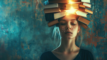 Literary Luminary: Woman with a Head of Books, Absorbing the Light of Knowledge - obrazy, fototapety, plakaty