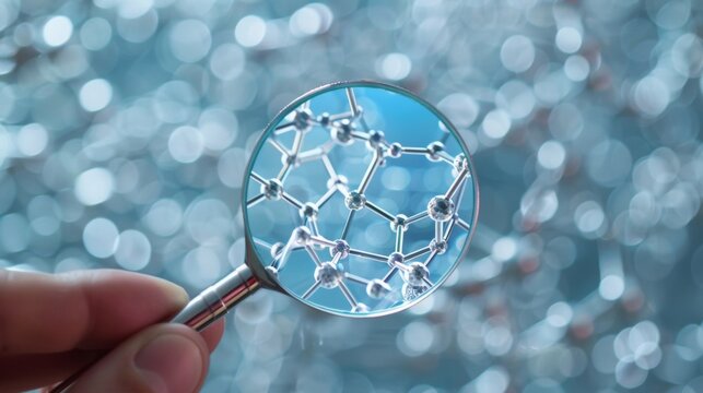 A hand holds a magnifying glass over a diagram of an enzyme catalyzing a chemical reaction highlighting the intricate structures and mechanisms at work. .