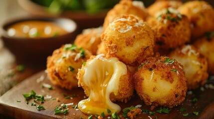 Steaming mozzarella cheese balls with golden breadcrumbs on a wooden board, concept of gourmet appetizers and comfort food - obrazy, fototapety, plakaty