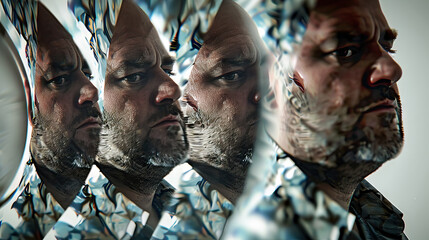 Reflective Mirage: Man with a Dress of Mirrors, Blending into Mirrored Realities. - obrazy, fototapety, plakaty