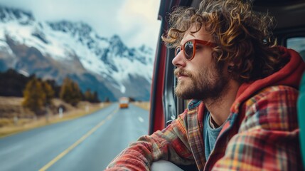 Young curly-haired man in sunglasses gazing out of a camper van window, Concept of wanderlust and...