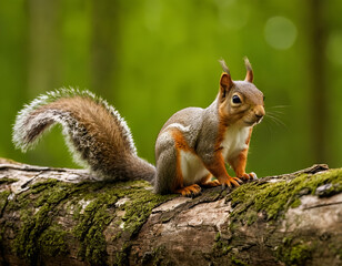 Naklejka na ściany i meble Squirrel on Tree Stump with Green Forest Background