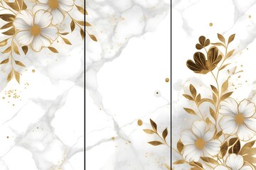 Home panel wall art three pieces, marble background with golden flowers silhouette in middle