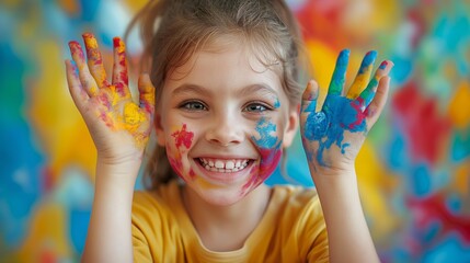 Smiling young girl with hands covered in vibrant paint, Concept of creative play and artistic...