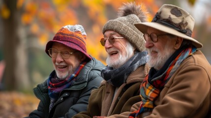 Fototapeta premium Senior friends laughing joyously in a park with fall colors, Concept of lifelong friendships and enjoyment of retirement