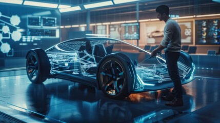 Car or automotive manager works on electric car technology. Future of cars design hyper realistic 