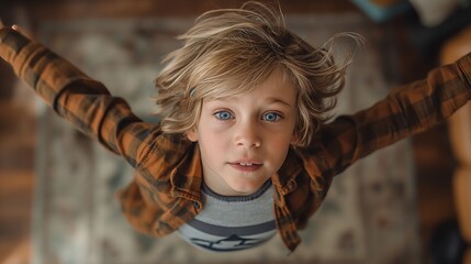 Imaginative child pretending to fly, perspective of wings spread wide, Concept of childhood dreams and freedom of imagination - obrazy, fototapety, plakaty