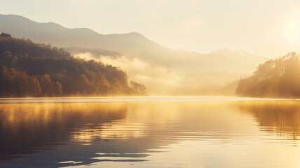 Fototapeta premium Golden Sunrise Over Misty Lake