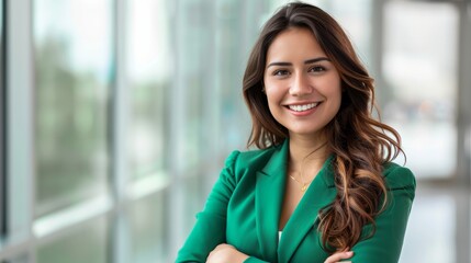 Confident, smiling Hispanic businesswoman in green attire; entrepreneur or customer service rep, specialized in finance or tech. hyper realistic 