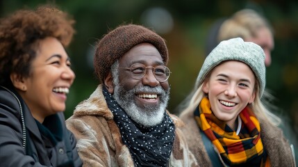 Multigenerational group laughing together in an autumn park, Concept of family bonding and joyful intergenerational relationships