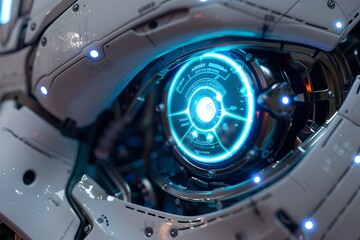Captivating Close-up of a Futuristic Bass Drone Robot's Glowing Blue Digital Eye Interface