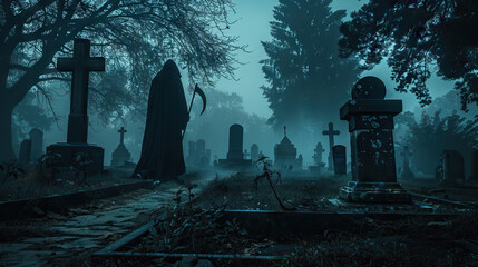 Grim Reaper: A Shadowy Figure Cloaked in Black, Holding a Scythe in a Misty Graveyard