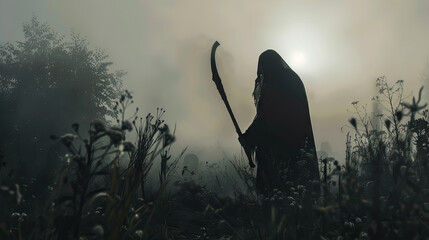 Grim Reaper: A Shadowy Figure Cloaked in Black, Holding a Scythe in a Misty Graveyard