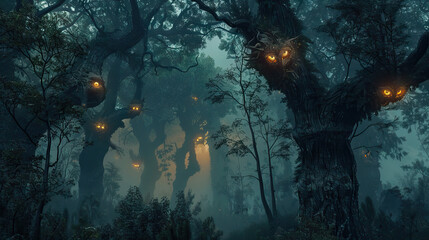 Fototapeta na wymiar Eerie Forest: A Dark, Misty Forest with Twisted Trees and Glowing Eyes Peering from the Shadows