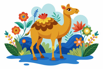 Charming camel adorns a white background with delicate flowers.