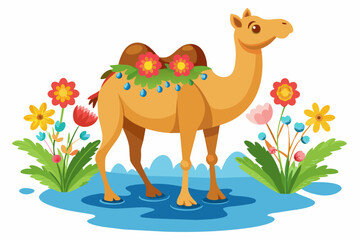 The camel animal charmingly adorned with flowers poses majestically against a pure white backdrop.