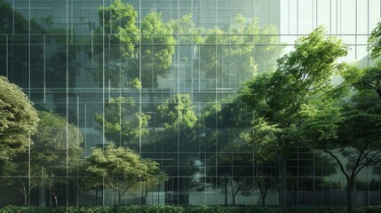 Exemplifying the ESG - Environmental, Social, Governance concept, a corporate glass building facade reflects green trees. Importance of integrating sustainability into business practice. Generative AI