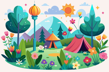 Charming campground scene adorned with vibrant floral blooms against a pure white backdrop