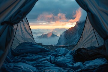 mountain view in morning from inside tent. ai generative