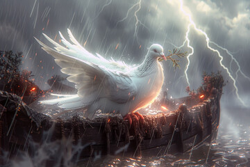 Description of divine protection and creation. A sky full of storms and lightning. A sky filled with light. A white dove with an olive branch in its mouth. Concept of Noah's Ark from the Old Testament - obrazy, fototapety, plakaty