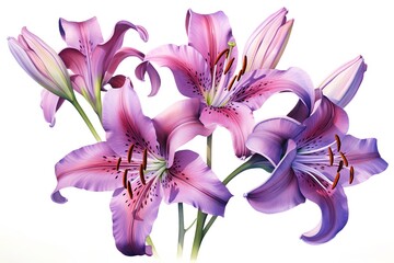 Beautiful lily flowers isolated on white background. Watercolor illustration.