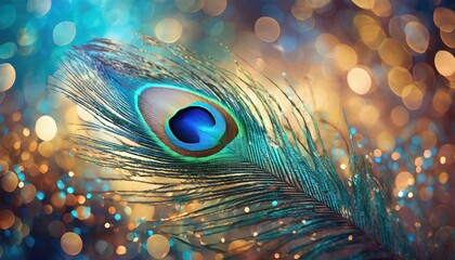ai generative of hyper realistic of a The feather features a striking blue center resembling an eye, surrounded by shimmering gold feathers - obrazy, fototapety, plakaty