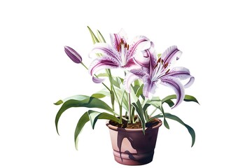 Naklejka na ściany i meble Lily flower in pot isolated on white background. Watercolor illustration