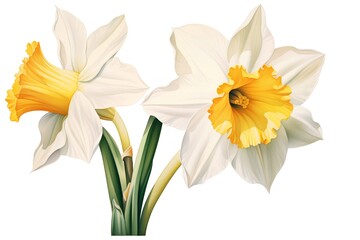 Fototapeta premium White and yellow daffodils isolated on white background. Vector illustration.