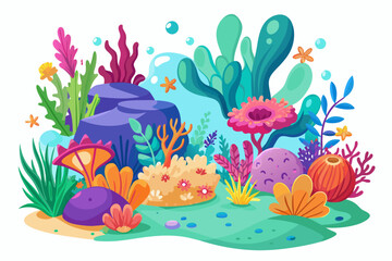 Fototapeta na wymiar Coral reefs, featuring cartoonish charm, are adorned with colorful flowers, creating a vibrant underwater scene.