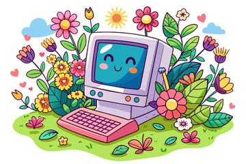 A charming computer cartoon character with flowers adorns a white background.