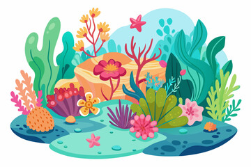 Fototapeta na wymiar Coral reefs cartoon charming with flowers on a white background.