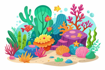 Obraz na płótnie Canvas A vibrant cartoonish coral reef blooms with charming flowers, creating a whimsical underwater paradise.