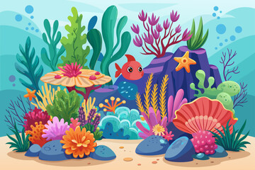 Obraz na płótnie Canvas Charming coral reefs cartoon with blooming flowers on a white background.