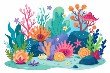 Fototapeta na wymiar Coral reefs flourish in a vibrant underwater garden adorned with colorful flowers, creating an enchanting cartoon-like scene.