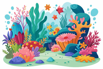 Fototapeta na wymiar Charming cartoon coral reefs adorned with vibrant flowers dance gracefully on a white background.