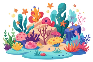 Crédence de cuisine en verre imprimé Vie marine Coral reefs flourish in a vibrant underwater garden adorned with colorful flowers, creating an enchanting cartoon-like scene.