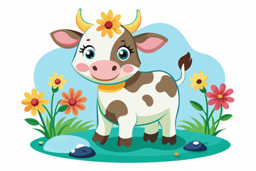 Charming cartoon cow adorned with vibrant flowers against a white backdrop.