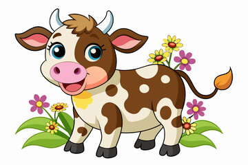 A charming cartoon cow adorned with vibrant flowers stands amidst a picturesque backdrop.