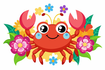 Charming crab cartoon with blooming flowers adorning its shell. - obrazy, fototapety, plakaty