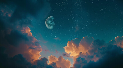 background The night sky with the moon and stars is taken from a certain angle