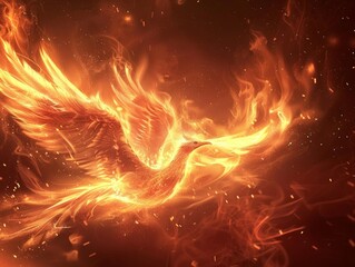 Majestic flaming phoenix firebird in sparkling flames against dark fiery background  - obrazy, fototapety, plakaty