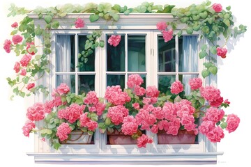 Fototapeta na wymiar Beautiful window with pink roses. Watercolor painting on white background