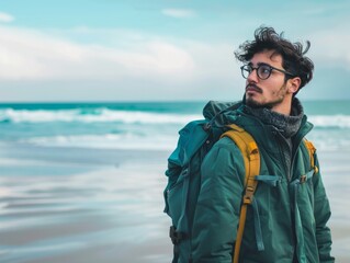 Man wearing a green jacket and glasses packs his backpack with a beach in the background. Traveling alone concept 
