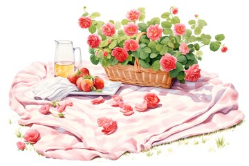 Fototapeta na wymiar Romantic picnic with basket of red roses and strawberries, watercolor illustration