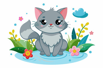 A charming cartoon cat sits amidst a field of flowers.