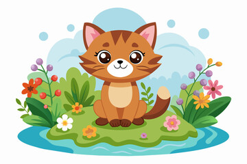 Obraz premium Charming cat animal cartoon with flowers on a white background.