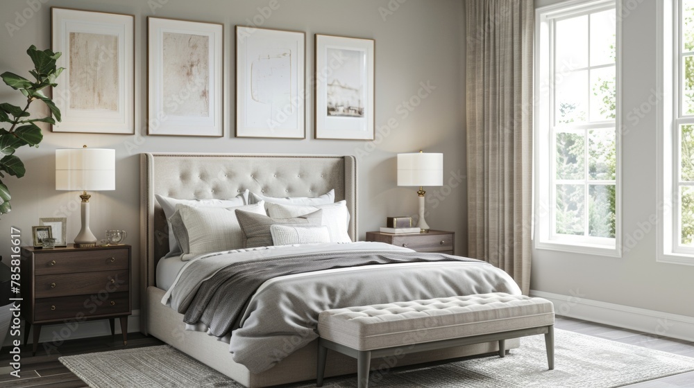 Poster a bedroom with a neutral color scheme adorned with several matte framed artworks hung on the wall. t